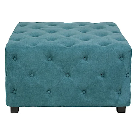 Large Button-Tufted Cube Ottoman with Short Dark Legs